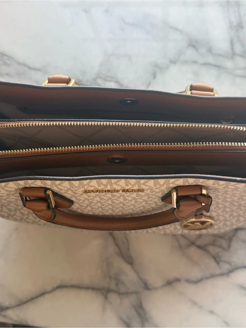 Michael Kors Beige MK Signature Satchel with Brown Trim and Gold Hardware